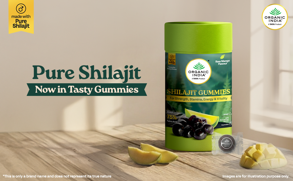 A TATA PRODUCT - Organic India Shilajit Gummies, 60 Units, Pure Shilajit with 75% Fulvic Acid, Raw Mango Flavour, Boosts Strength, Stamina C Vitality, Ayurvedic Wellness Gummies