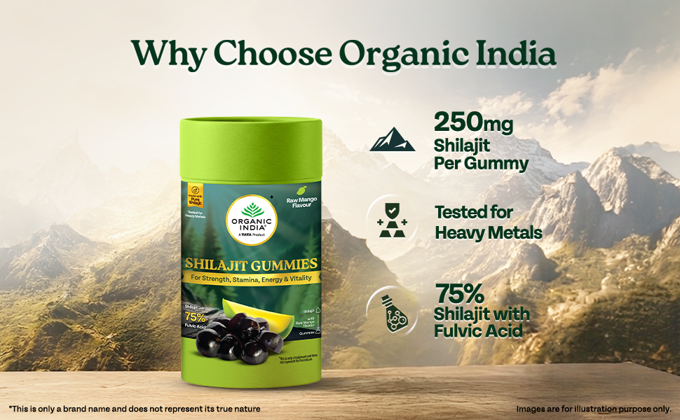 A TATA PRODUCT - Organic India Shilajit Gummies, 60 Units, Pure Shilajit with 75% Fulvic Acid, Raw Mango Flavour, Boosts Strength, Stamina C Vitality, Ayurvedic Wellness Gummies