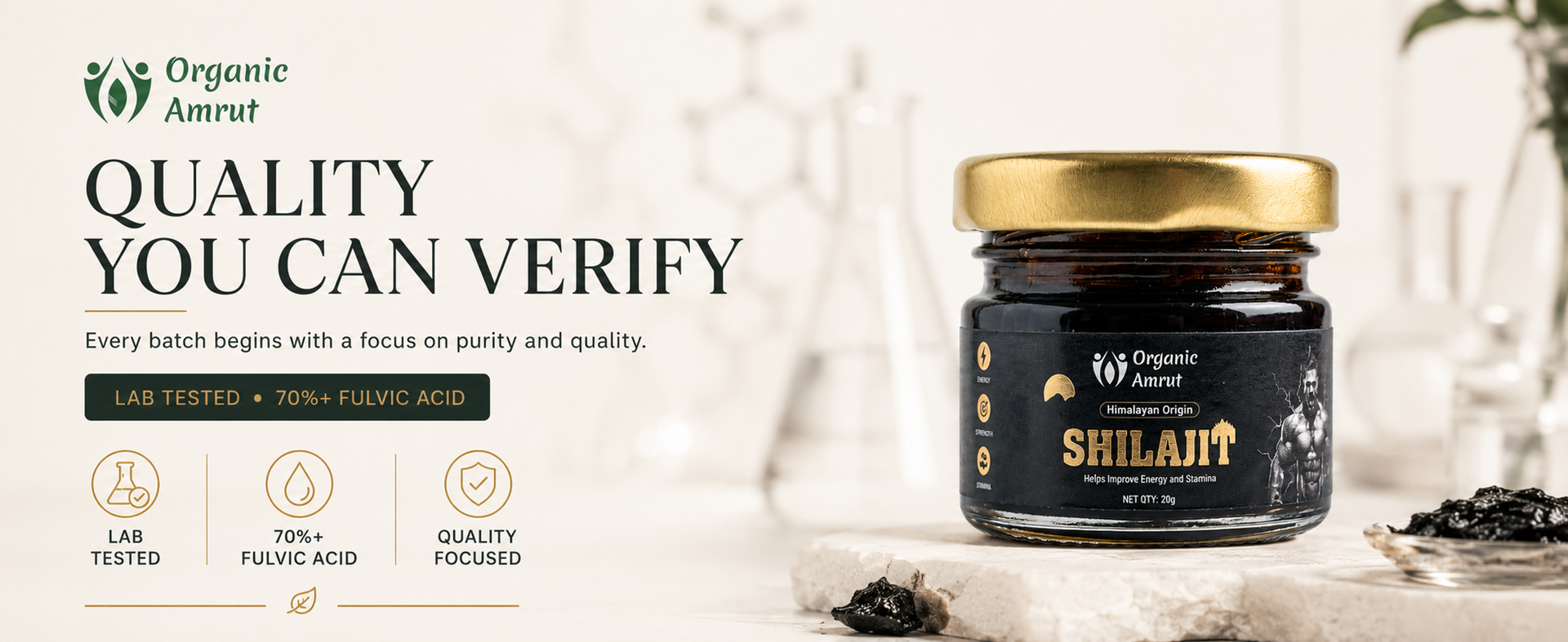 Pure Himalayan Shilajit Resin 20g - 70%+ Fulvic Acid, 250mg Per Serving, 80 Servings, Fulvic Acid & Trace Minerals, Lab Tested