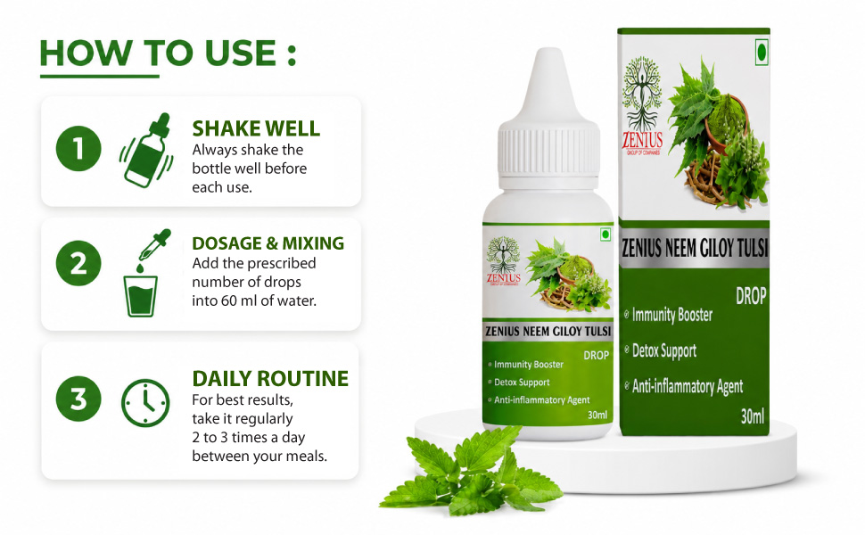 Zenius Neem Giloy Tulsi Drop, Immunity Booster, Detox Support, Anti-inflammatory, Ayurvedic, 30ml