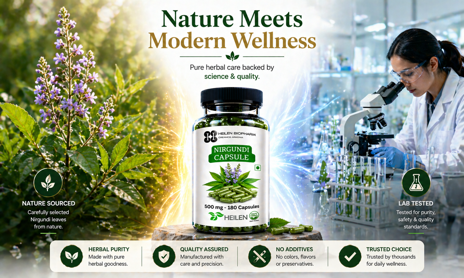 Heilen Biopharm Nirgundi Capsules 500 mg | Vitex Negundo Leaf Powder Supplement | Herbal Support for Joint Comfort Mobility Daily Wellness | 180 Veg Capsules | No Preservatives