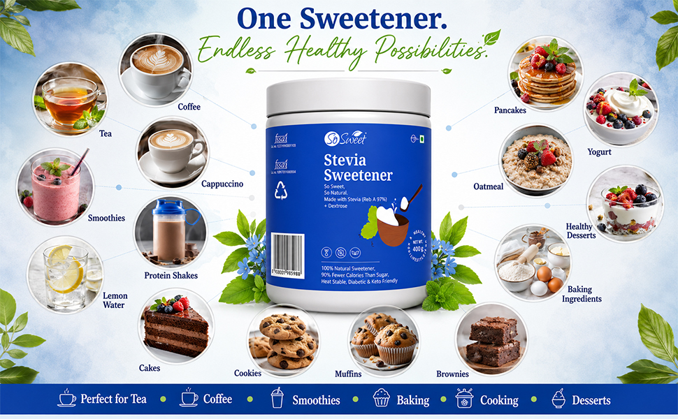 So Sweet Stevia Sugar Free Natural Sweetener - 400gm, Diabetic Friendly, Perfect for Baking, Cooking, 100% Natural