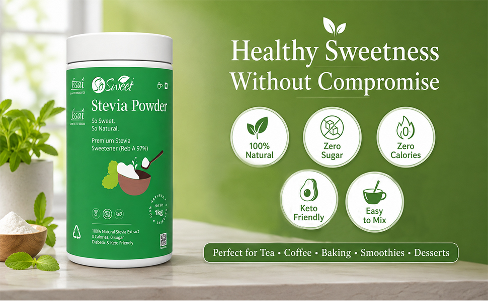 So Sweet Stevia Powder, Sugar-Free, 100% Natural Zero-Calorie Sweetener, Keto Friendly, Pack of 2 (1kg Each), Ideal for Cooking, Baking, and Sweetening Drinks