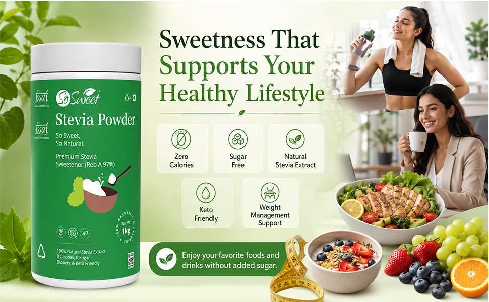 So Sweet Stevia Powder, Sugar-Free, 100% Natural Zero-Calorie Sweetener, Keto Friendly, Pack of 2 (1kg Each), Ideal for Cooking, Baking, and Sweetening Drinks
