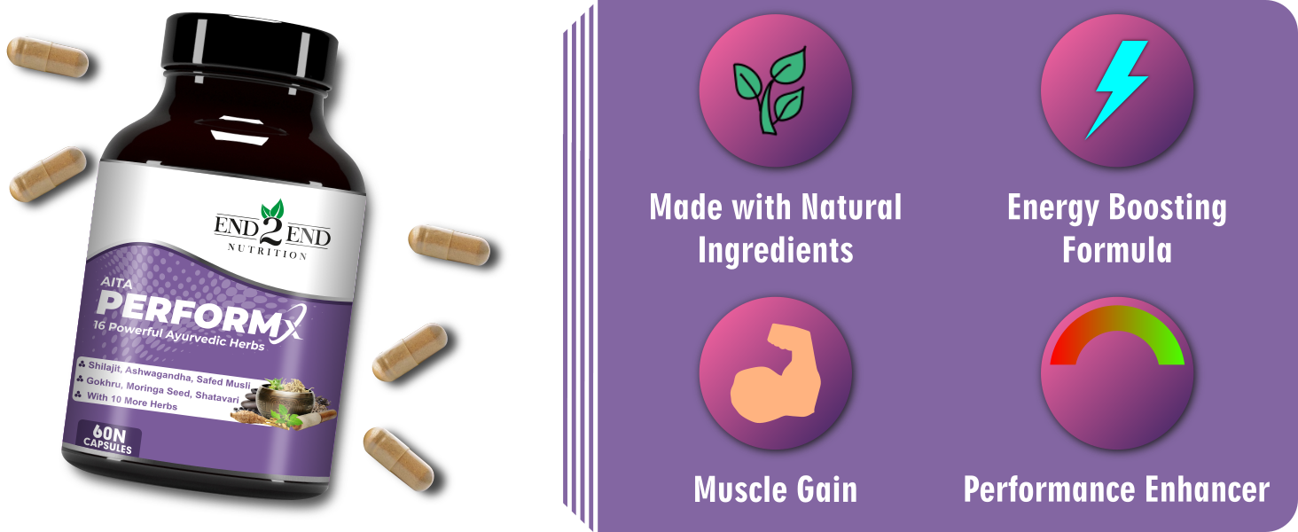 End2End Nutrition PerformX - Original Himalayan Shilajit/Shilajeet with Ashwagandha, Gokshura, Safed Musli for Strength & Muscle Gain | AYUSH Certified - 60 Capsules