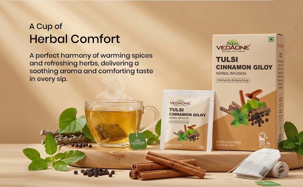 VEDAONE Tulsi Cinnamon Giloy Herbal Infusion (25 Dip Bags)