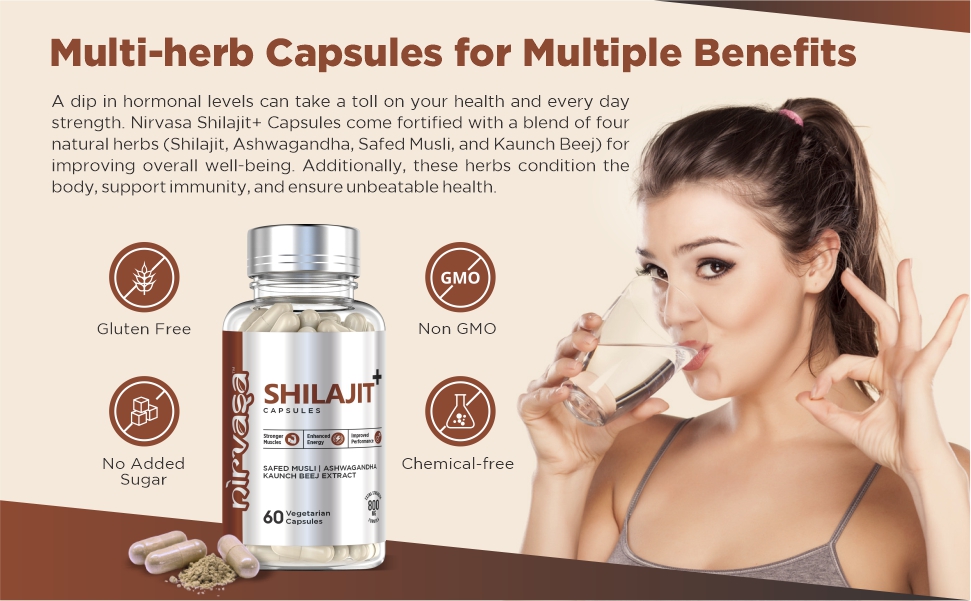 Nirvasa Pure Shilajit/Shilajeet (800mg) 60 Capsules | Boost Strength, Stamina, Energy & Immunity | Supports Vitality, Performance & Muscle Growth | Ashwagandha, Safed Musli & Kaunch Beej (Pack of 1)