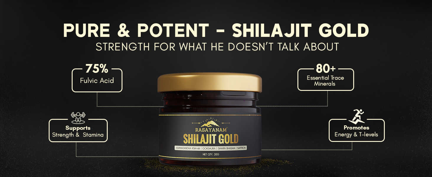 Rasayanam Shilajit Gold Resin 20g (80 Servings) | 300-500mg/serving | 75% Fulvic Acid | High Potency Shilajeet, Ashwagandha KSM66, 24 Carat Gold & Saffron | Strength & Muscle Recovery