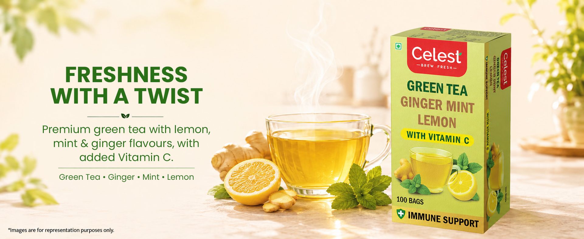 Celest Ginger Mint Lemon Green Tea 400 Tea Bags (100 Bags × 4) | Vitamin C Enriched | Immunity Support