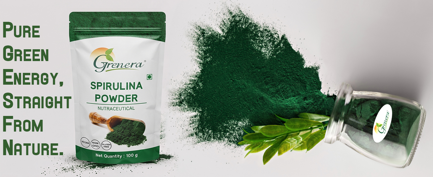 Grenera Spirulina Powder, Rich in Protein, Vitamins, Minerals, Gluten Free, Vegan, Non GMO, 100 grams
