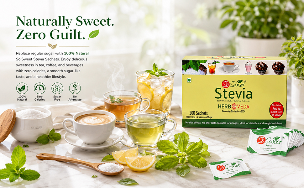 So Sweet Stevia Sachets Sugar Free Natural Sweetener | Low Calorie Sweetener for Tea, Coffee & Drink | Keto & Diabetic Friendly