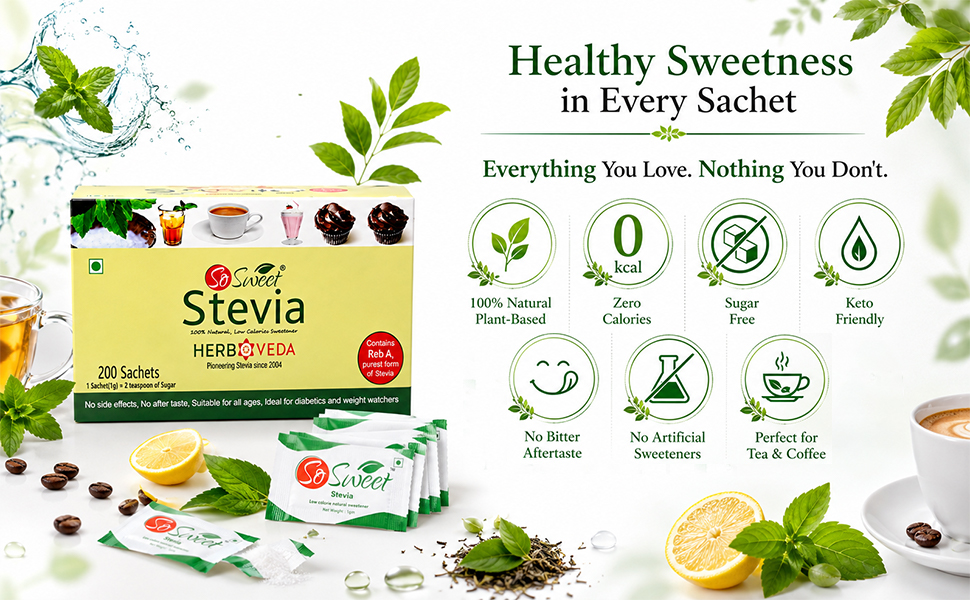 So Sweet Stevia Sachets Sugar Free Natural Sweetener | Low Calorie Sweetener for Tea, Coffee & Drink | Keto & Diabetic Friendly