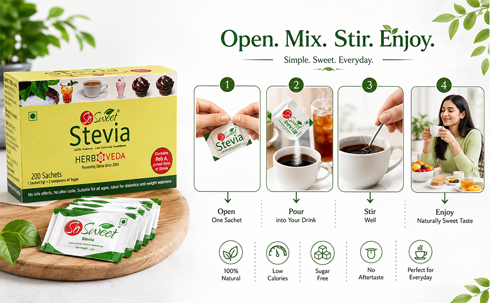 So Sweet Stevia Sachets Sugar Free Natural Sweetener | Low Calorie Sweetener for Tea, Coffee & Drink | Keto & Diabetic Friendly