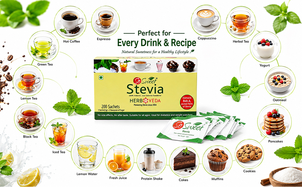 So Sweet Stevia Sachets Sugar Free Natural Sweetener | Low Calorie Sweetener for Tea, Coffee & Drink | Keto & Diabetic Friendly