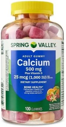 Spring Valley Calcium 500 mg Plus Vitamin D 25 mcg Bone Health Dietary Supplement Gummies, 100 Count + DRI Store Sticker. 2