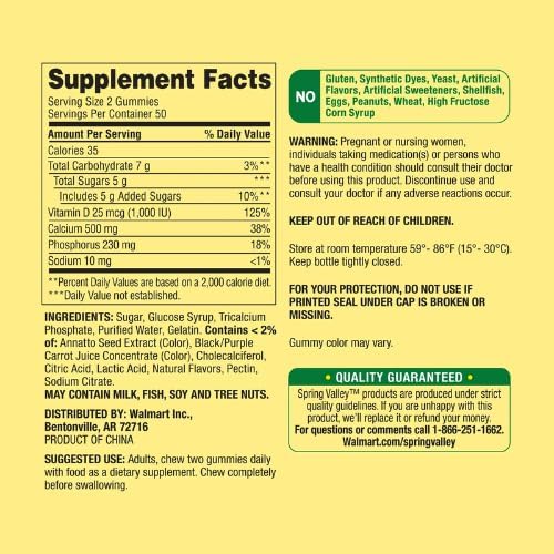 Spring Valley Calcium 500 mg Plus Vitamin D 25 mcg Bone Health Dietary Supplement Gummies, 100 Count + DRI Store Sticker. 6