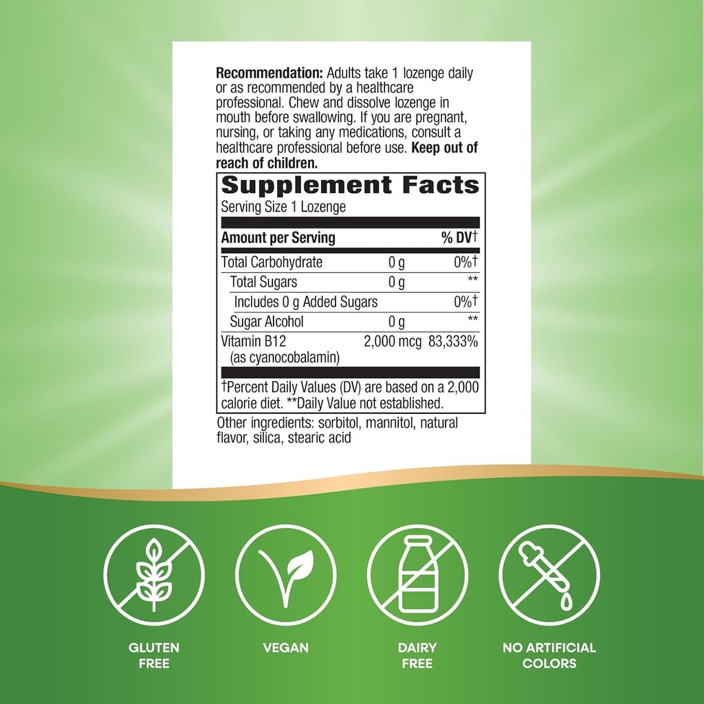 Nature’s Way Vitamin B-12 Lozenges, 2,000 mcg Vitamin B12 per Lozenge, Supports Cellular Energy & Nerve Function*, No Gluten, Vegan, Cherry Flavored, 100 Count (Packaging May Vary) 6