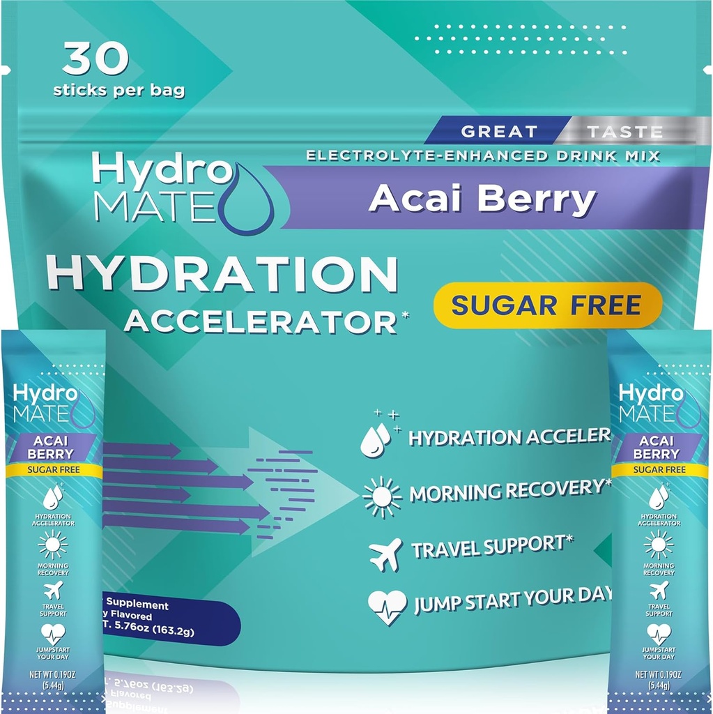 Electrolyte Powder Sugar-Free Hydration Packets Black Cherry HydroMATE 30 Sticks 2