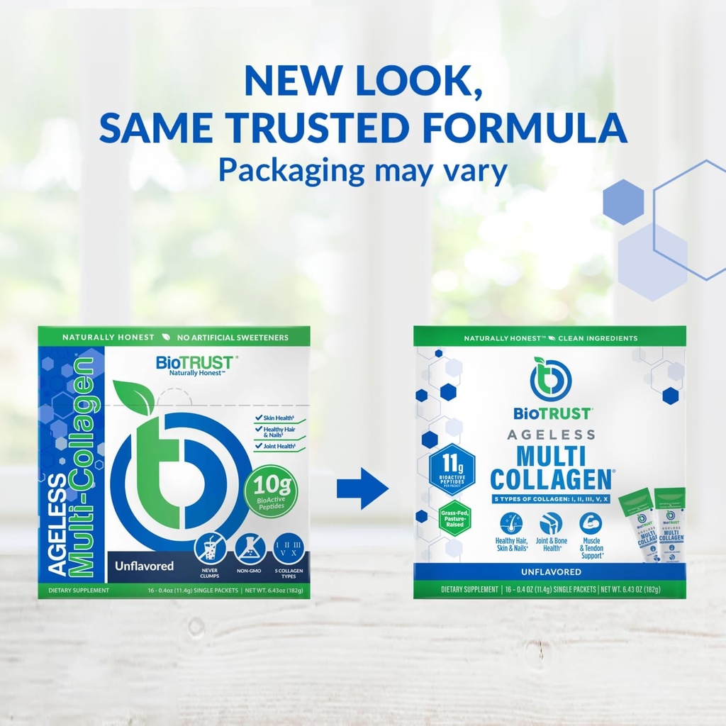 BioTrust Ageless Multi Collagen Peptides Powder – Types I, II, III, V, X – Unflavored Collagen Powder for Women & Men – Hydrolyzed Protein– Grass Fed Beef, Fish, Chicken, Eggshell Membrane(16 packets) 3