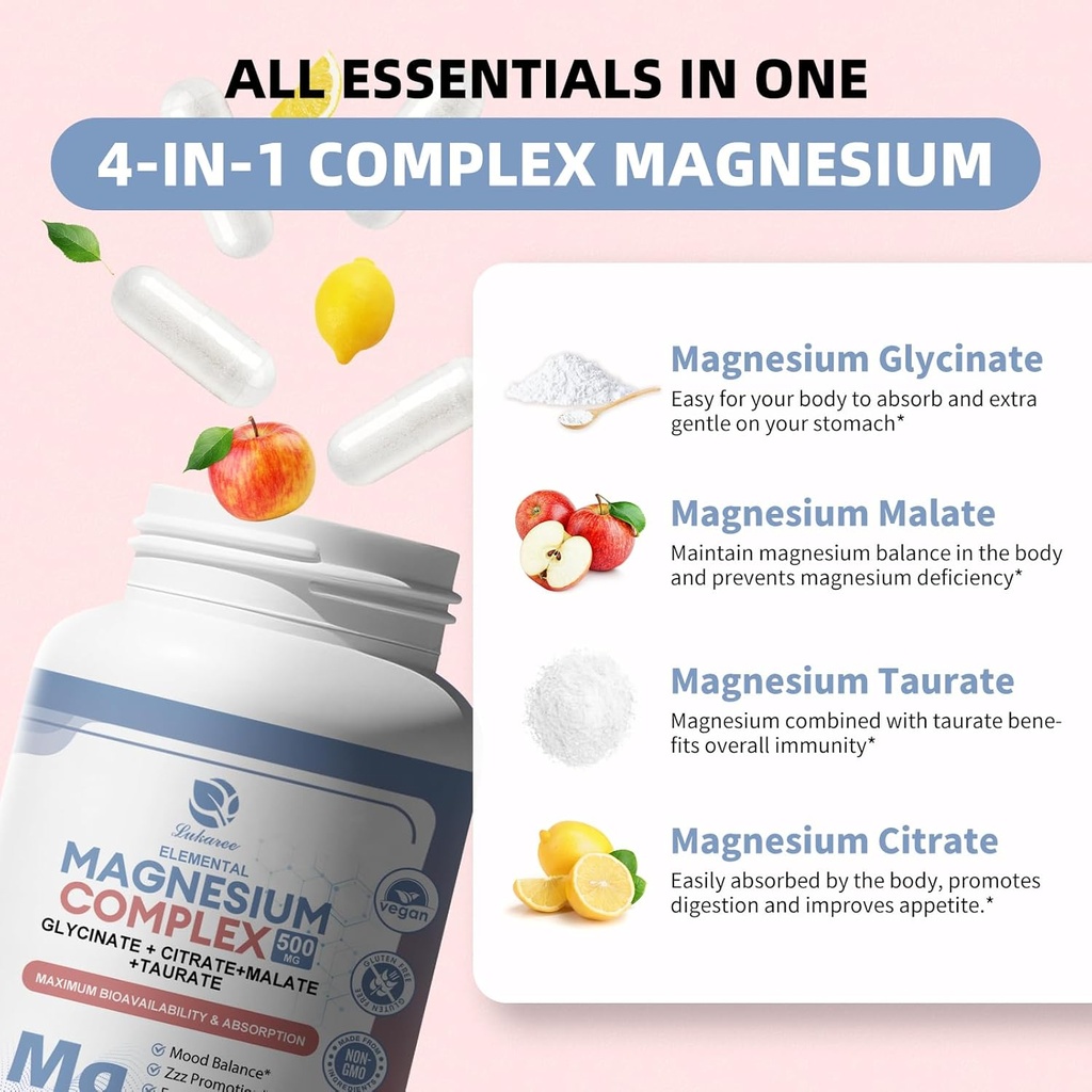 Magnesium Supplement 500mg, Magnesium Glycinate, Malate, Taurate, Citrate Complex & Herbal Extracts, High Absorption Chelated 90 Vegan Non-GMO Capsules for Balanced Wellness and Relaxation 3