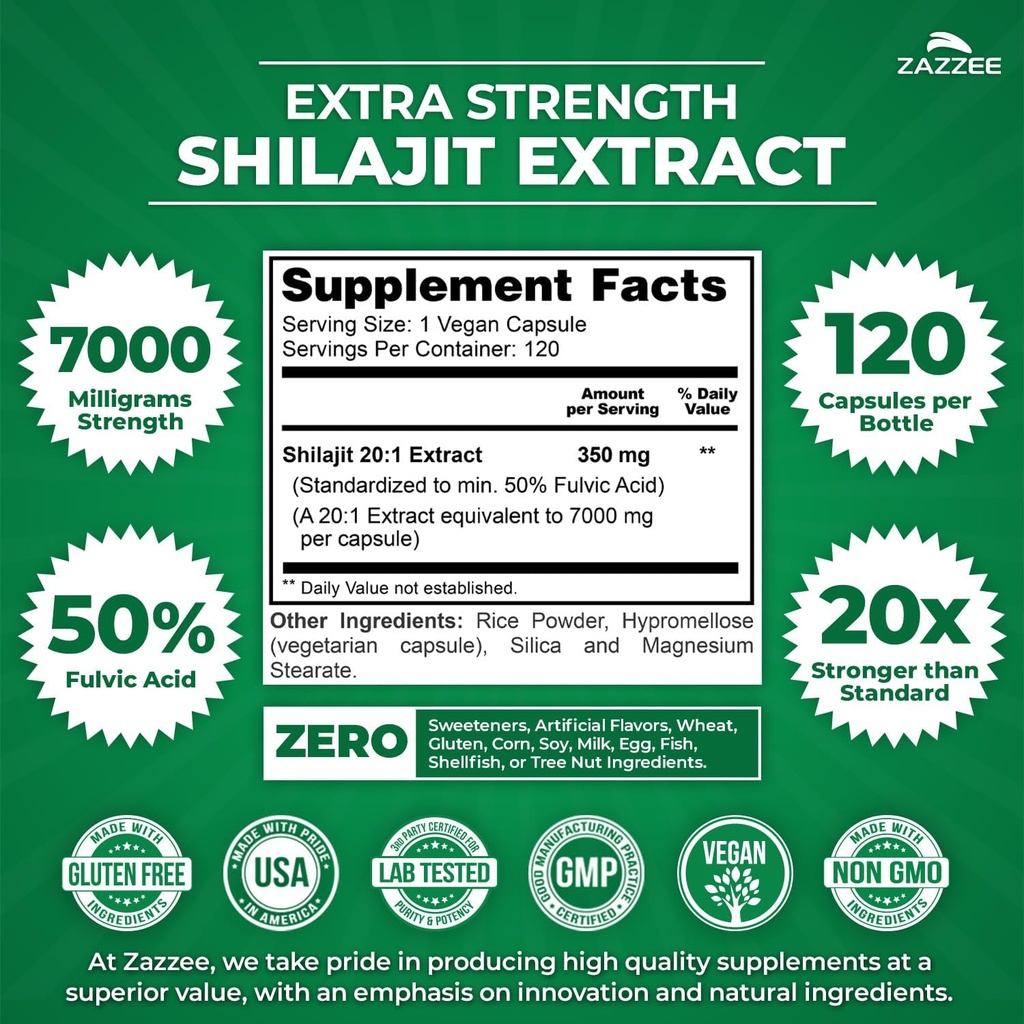 Zazzee 100% Pure Himalayan Shilajit 20:1 Extract, 7000 mg Strength per Capsule, 50% Fulvic Acid, 120 Servings per Bottle, 20X Potency, Rich in Trace Minerals, Non-GMO, Vegan, Made in The USA 3