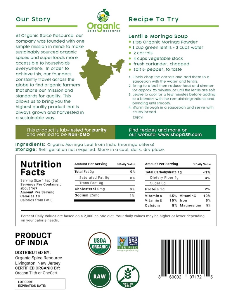 Organic Moringa Powder - 35.28 oz | Pack of 2 | USDA Organics, Non-GMO, Kosher, Halal, Moringa Olifera Powder - 100% Raw and Natural, by OSR 5