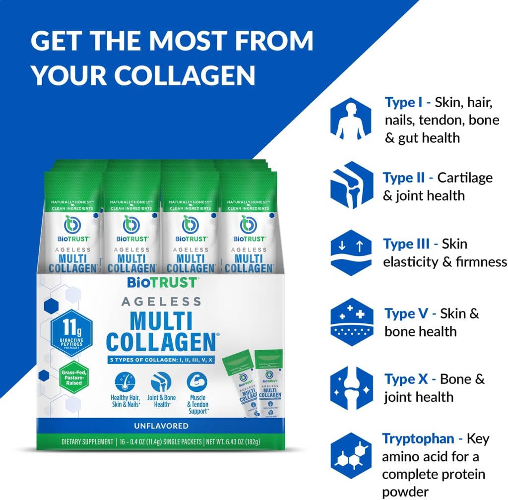 BioTrust Ageless Multi Collagen Peptides Powder – Types I, II, III, V, X – Unflavored Collagen Powder for Women & Men – Hydrolyzed Protein– Grass Fed Beef, Fish, Chicken, Eggshell Membrane(16 packets) 6