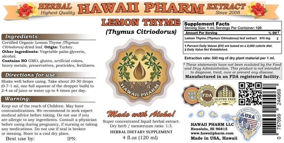 Lemon Thyme Liquid Extract, Lemon Thyme (Thymus Citriodorus) Dried Leaf Tincture Supplement 4x4 oz 3