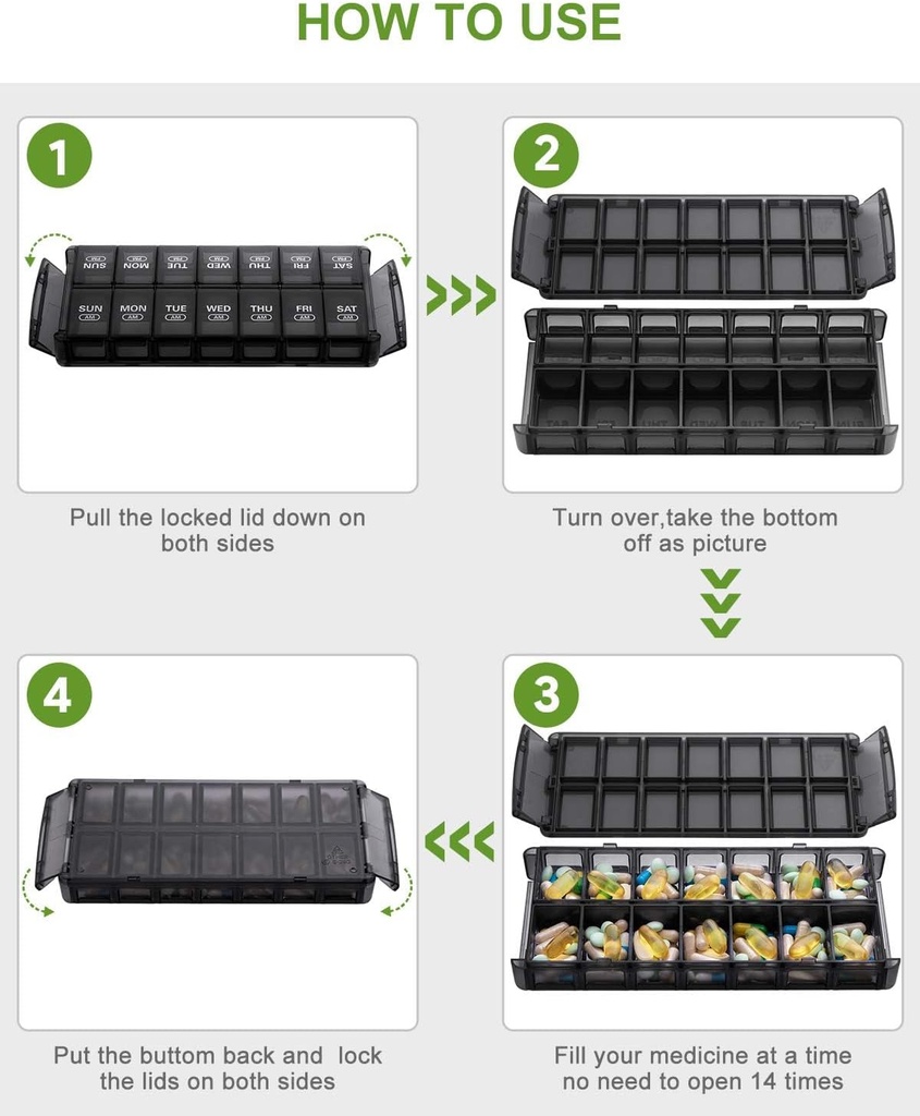 Sukuos Weekly Pill Organizer 7 Day 2 Times a Day, Quick Fill Daily Pill Box (AM PM), Extra Large Pill Cases for Vitamin/Fish Oil/Supplements, Arthritis Friendly, Easy to Clean 3