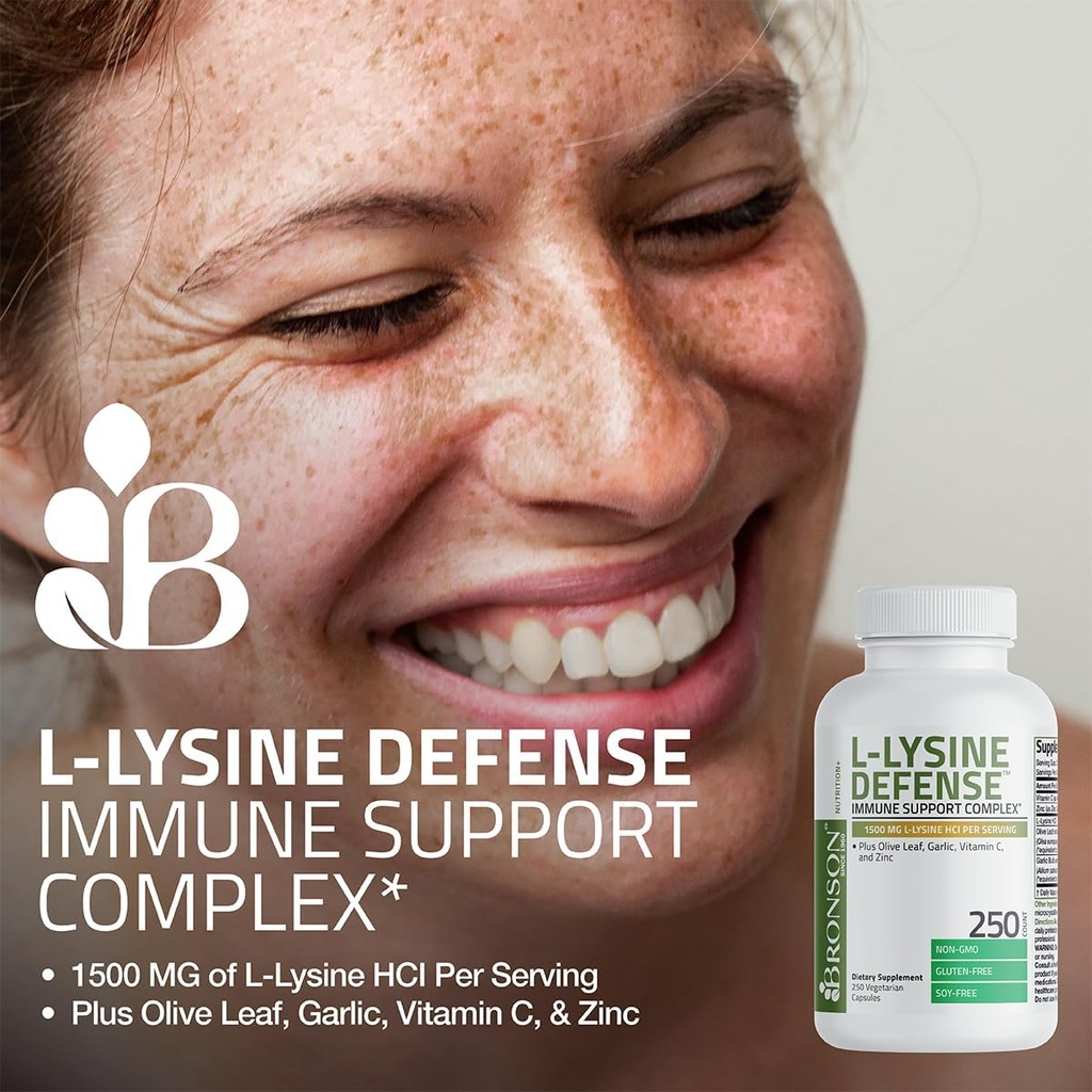 Bronson L-Lysine Defense Immune Support Complex 1500 MG L-Lysine Plus Olive Leaf, Garlic, Vitamin C and Zinc - Non-GMO, 250 Vegetarian Capsules 4