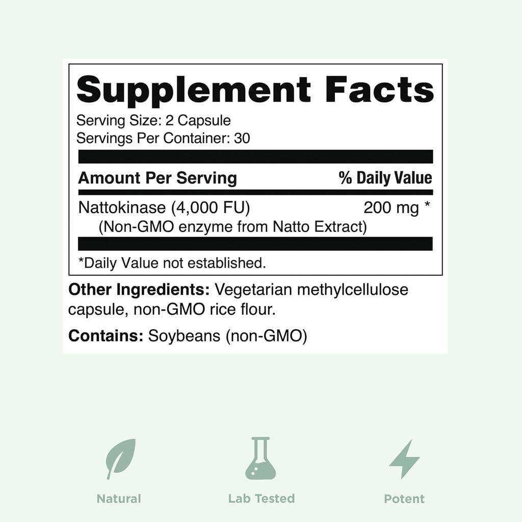 Yuve Nattokinase 4000 FU, Nattokinase Supplement for Cardiovascular Health Support - Natural Blood Thinner - Natokinase Enzyme from Natto Extract, Sugar-Free, Vitamin K Free - 60 Pills, Made in USA 6