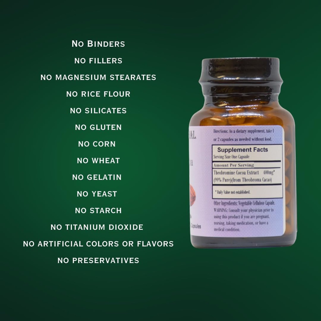 Theobromine Cocoa Extract 99% | High-Purity Theobroma Cacao | 400mg Per Capsule | 60 Vegan Capsules | Stearate-Free, Additive-Free, Glass Bottled 6