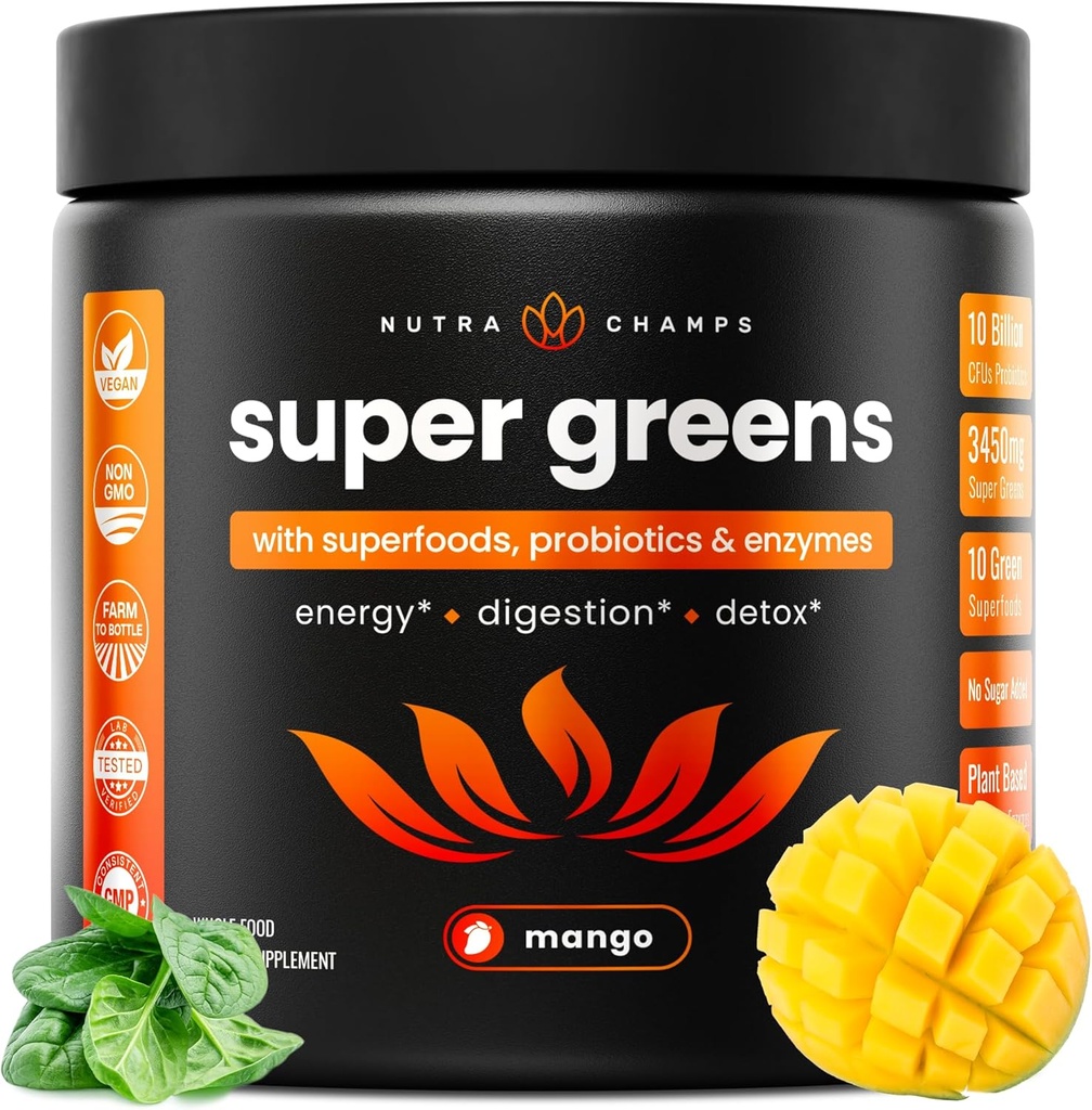 NutraChamps Super Greens Powder Premium Superfood | 20+ Organic Green Veggie Whole Foods | Wheat Grass, Spirulina, Chlorella | Antioxidant, Digestive Enzyme & Probiotic Blends (9.0 OZ, Mango) 2