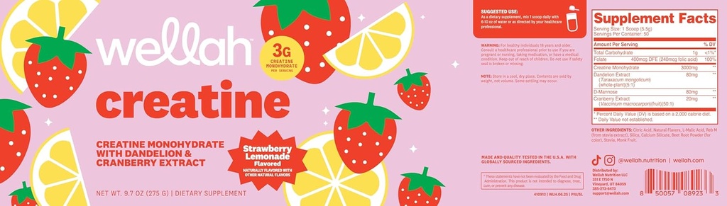 Wellah Creatine for Women (50 Servings, Strawberry Lemonade) - Creatine Monohydrate with Dandelion & Cranberry Extract 6