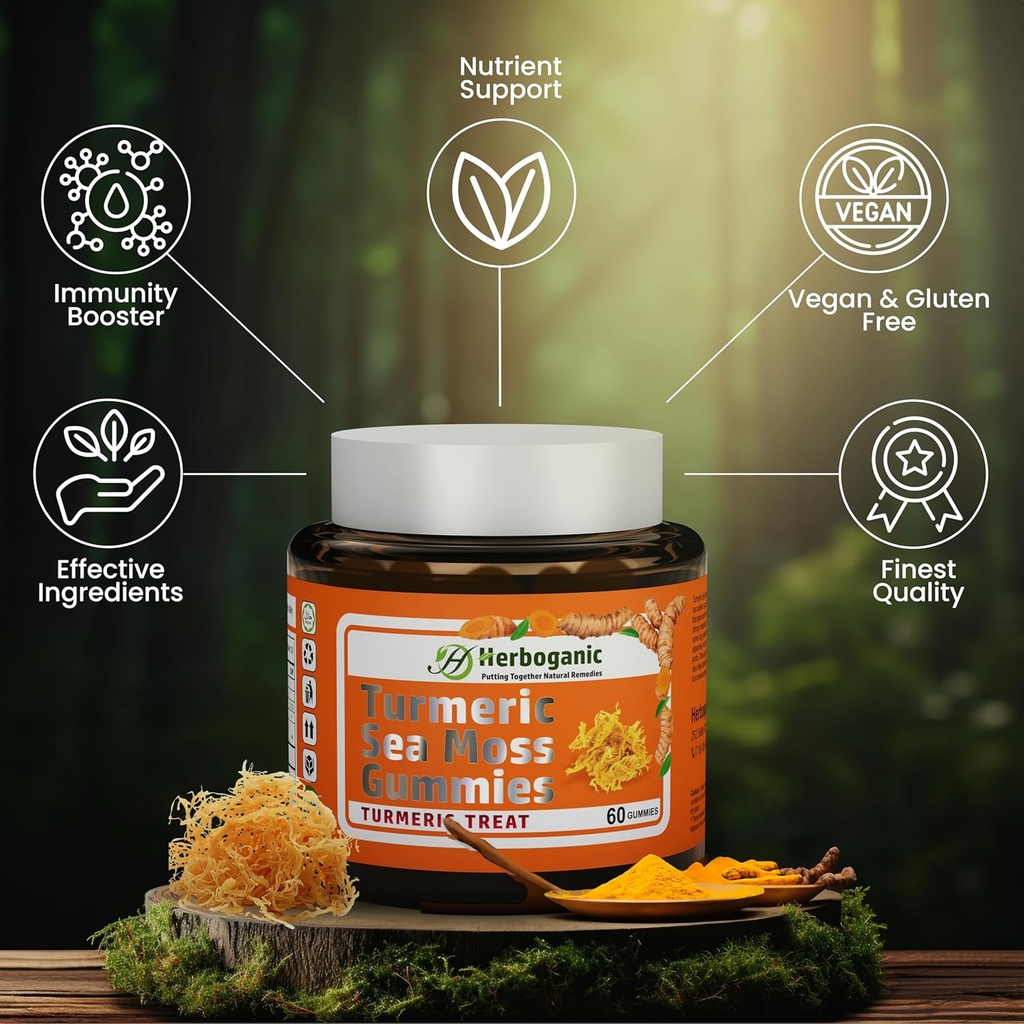 HERBOGANIC Turmeric Sea Moss Gummies - Natural Dietary and Herbal Supplement for Skin and Energy Support with Sea Moss, Boost Immune System - 60 Gummies 4