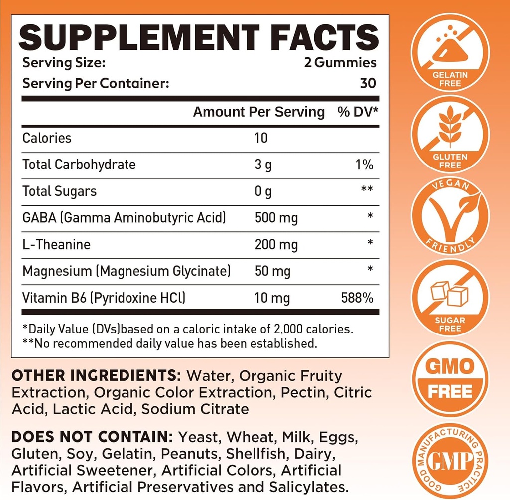 GABA Gummies 500mg for Cortisol Balance, Stress Relief Gummies for Adults Sleep, Brain, Immune Support, GABA Chewable Supplement with L-Theanine & Magnesium & Vitamin B6, Sugar Free, Vegan, 60 3