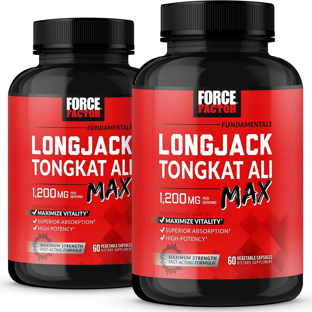 Force Factor Longjack Tongkat Ali Max, Tongkat Ali for Men, Male Stamina and Vitality Supplement Made with Key Natural Ingredients for Superior Absorption, 1200mg, 120 Capsules, 2-Pack 2
