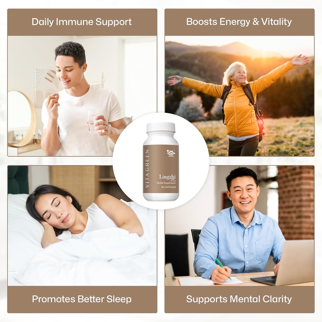 Vita Green Lingzhi Mushroom Supplement - Immune Support & Natural Energy Capsules - Red Reishi Mushroom Powder - Pure 5 Defenders Blend - 60 Capsules 3