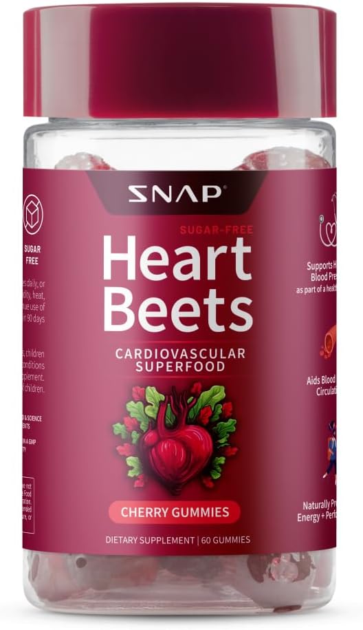 Snap Supplements Heart Beets Organic Beet Root Gummies, Cardiovascular Support Supplement for Men & Women, Pomegranate, Red Spinach, Heart Health & Circulation Support, Sugar Free, Cherry, 60 Gummies 2