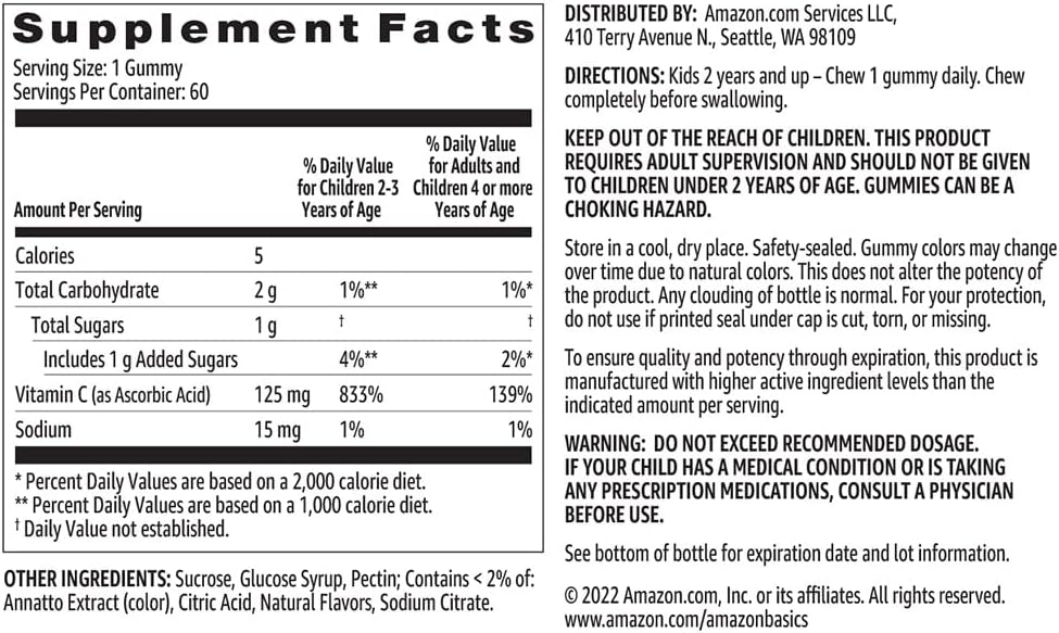 Basics Kids' Vitamin C 125mg Gummies, Orange, 60 Count, Immune Health, 2 Month Supply (Previously Solimo) 6