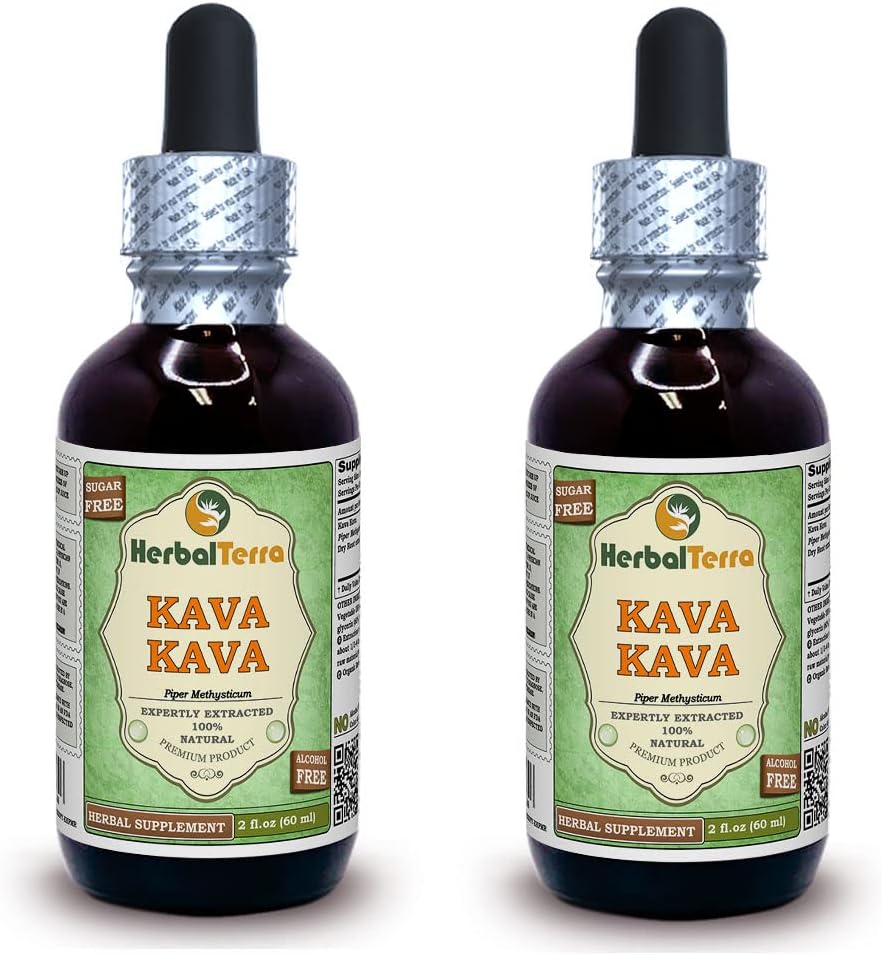 Kava Kava (Piper Methysticum) Glycerite, Dried Root Alcohol-Free Liquid Extract (Brand Name: HerbalTerra, Proudly Made in USA) 2x2 fl.oz (2x60 ml) 2