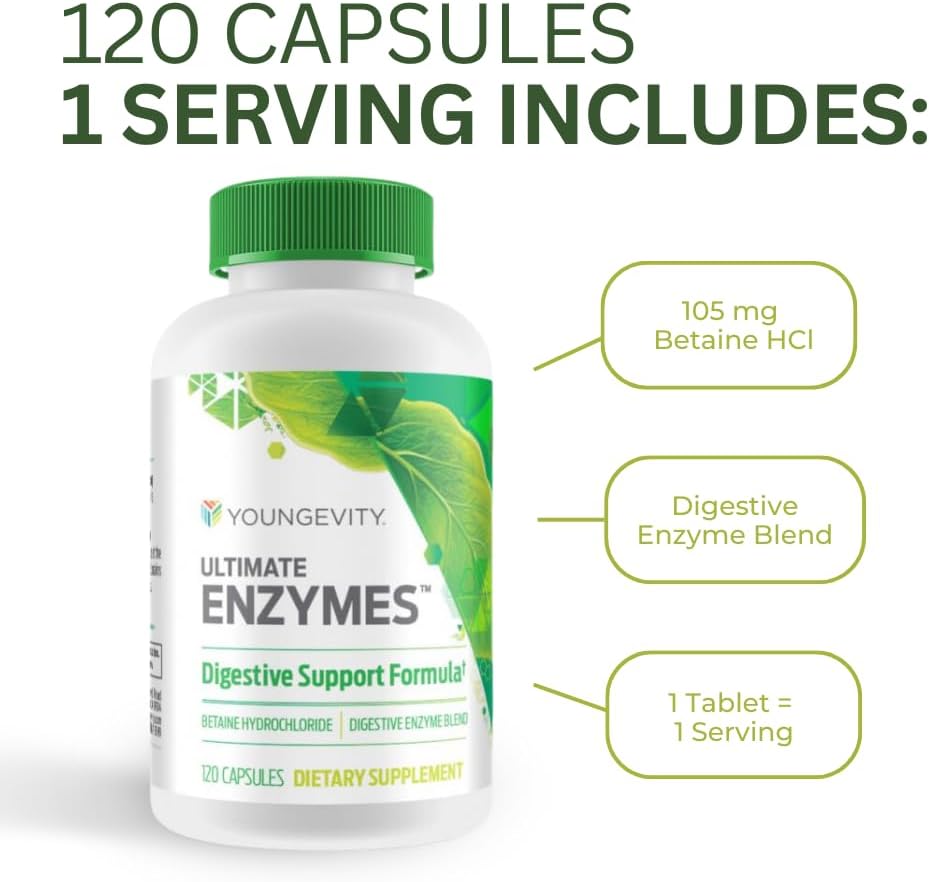 Youngevity Ultimate Enzymes® - Multi Enzymes for Digestion, Gas & Bloating Relief - Betaine HCl, Ox Bile, Pancreatine 10X, Papain 6M, Pepsin 1:3000 (120 Capsules - 4 Pack) 5