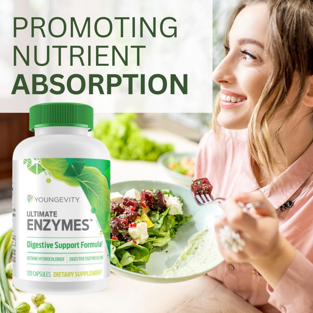Youngevity Ultimate Enzymes® - Multi Enzymes for Digestion, Gas & Bloating Relief - Betaine HCl, Ox Bile, Pancreatine 10X, Papain 6M, Pepsin 1:3000 (120 Capsules - 4 Pack) 6