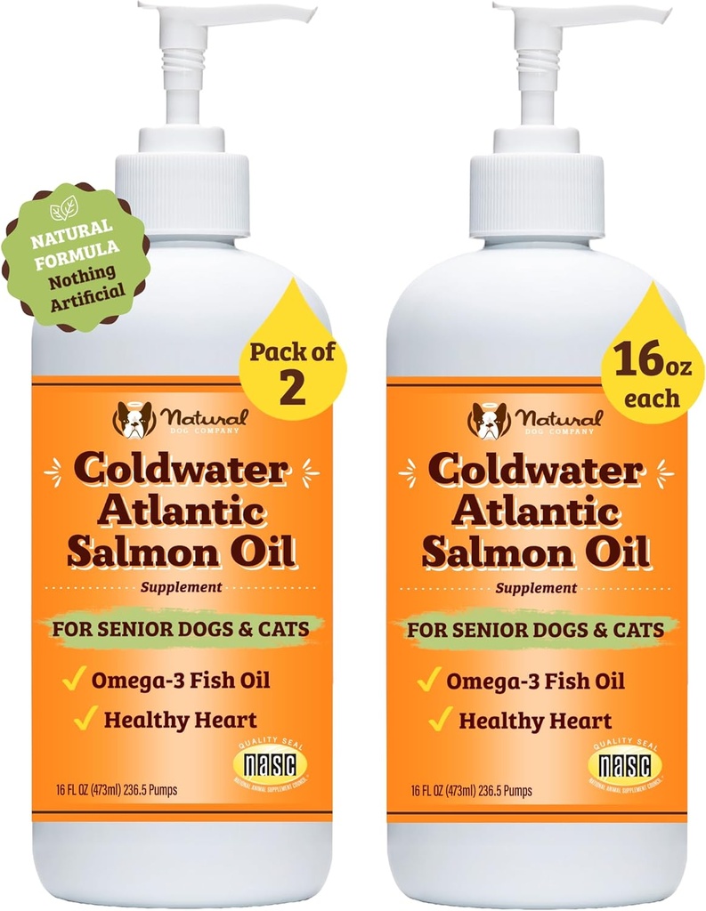 Natural Dog Company Coldwater Atlantic Salmon for Dogs 2 Pack -16oz - Senior Dog Fish Oil Supplement with Omega 3, Easy to Digest, Joint Support, for Multi Dog Famillies, Large Breed Dogs 2
