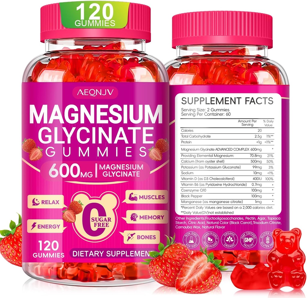 Magnesium Glycinate Gummies 600mg, Chewable Sugar Free Potassium Magnesium Gummies with Magnesium Glycinate, Vitamin D, B6 and CoQ10 for Sleep, Relaxation, Brain and Muscle, 60 Days Supply 2