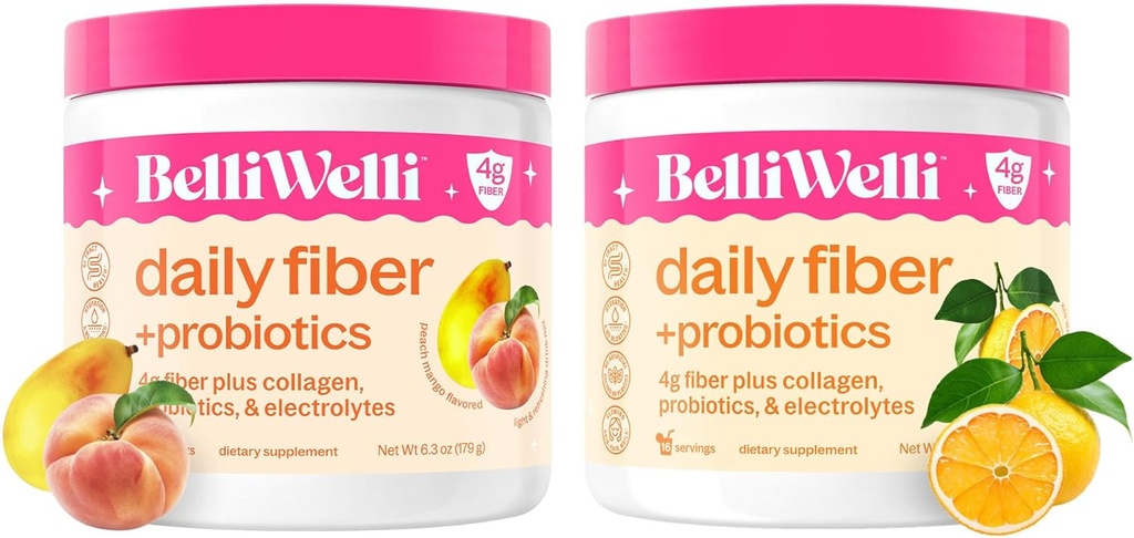 Belli Welli Daily Fiber Supplement Bundle with Collagen, Probiotics & Electrolytes – Peach Mango & Orange Yuzu Mandarin Flavors – Supports Digestion, Gut Balance & Debloating – 32 Servings Total 2