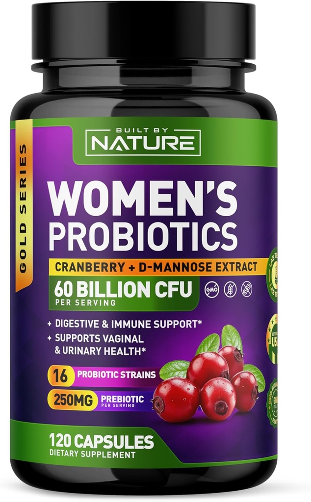 Probiotics for Women - 60 Billion CFUs, 16 Strains, with Cranberry, D-Mannose & Prebiotics - Supports Digestive, Immune, & Vaginal Health - Non-GMO, Dairy & Gluten-Free - 120 Veggie Capsules 2