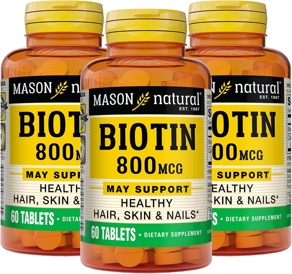 MASON NATURAL Biotin 800 mcg, Hair, Skin & Nail Health Support, High Potency Vitamin B7 Supplement, 60 Tablets (Pack of 3) 2