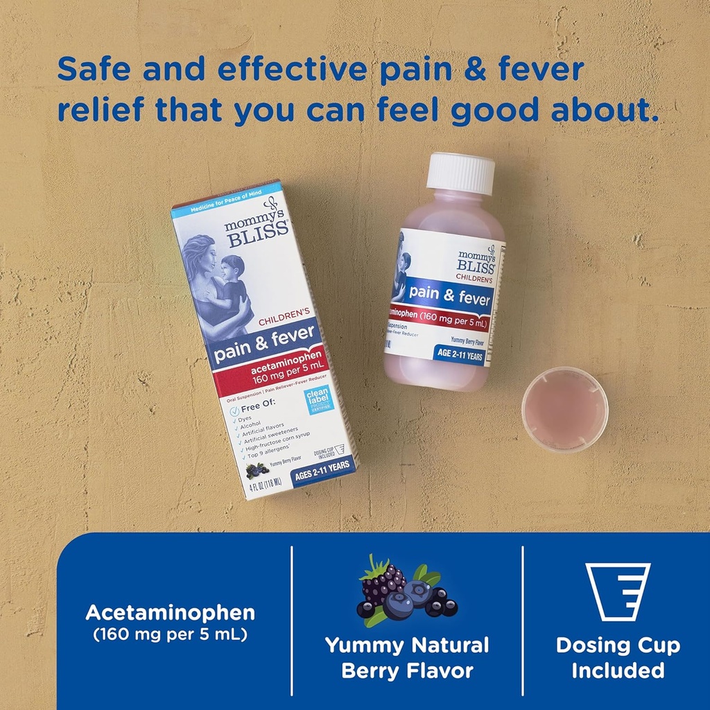 Mommy's Bliss Children's Pain and Fever Reducer, Kids Acetaminophen, Dye Free, Delicious Mixed Berry Flavor, Ages 2+, 4 Fluid Ounces 3