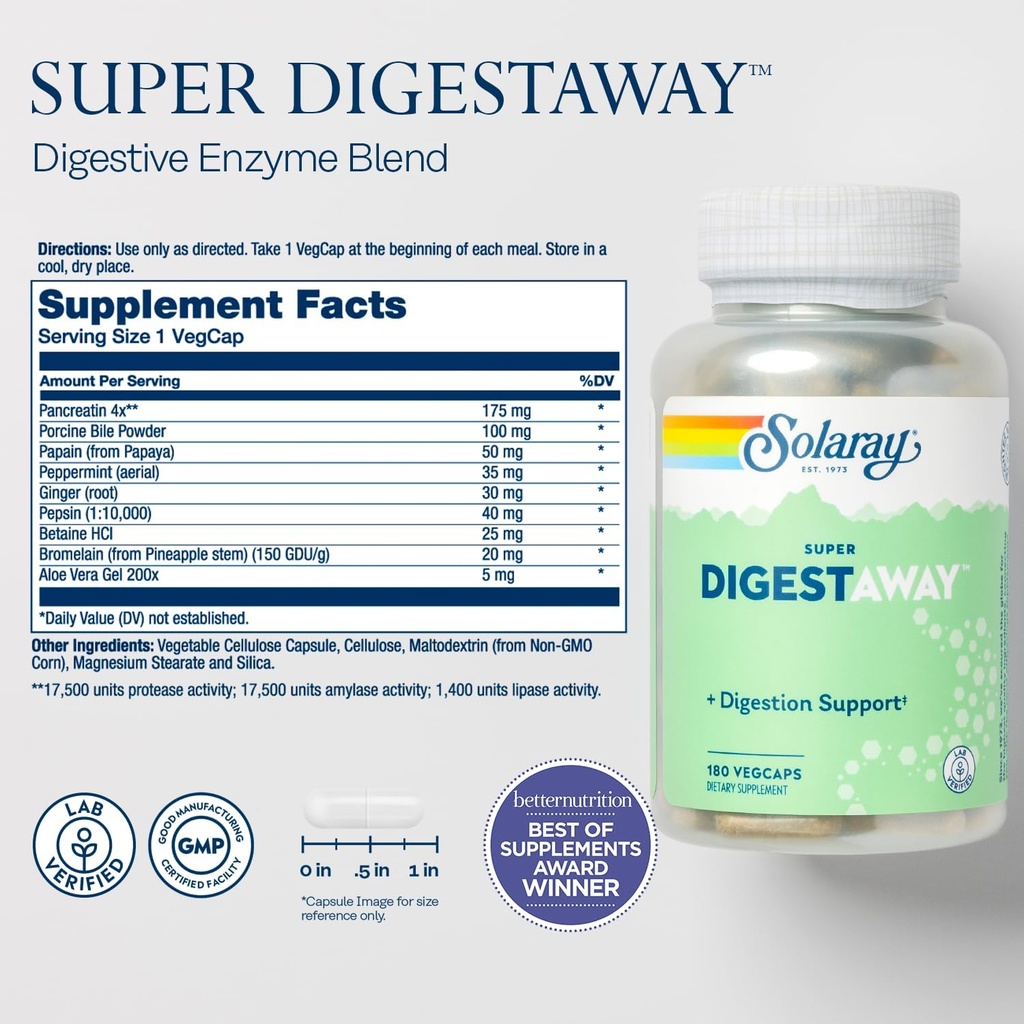 SOLARAY Super Digestaway Digestive Enzymes - Pancreatin, Papain, Ginger, Pepsin, Betaine HCl, Aloe Vera, and More - Digestion & Nutrient Absorption Support - Lab Verified - 180 VegCaps 3